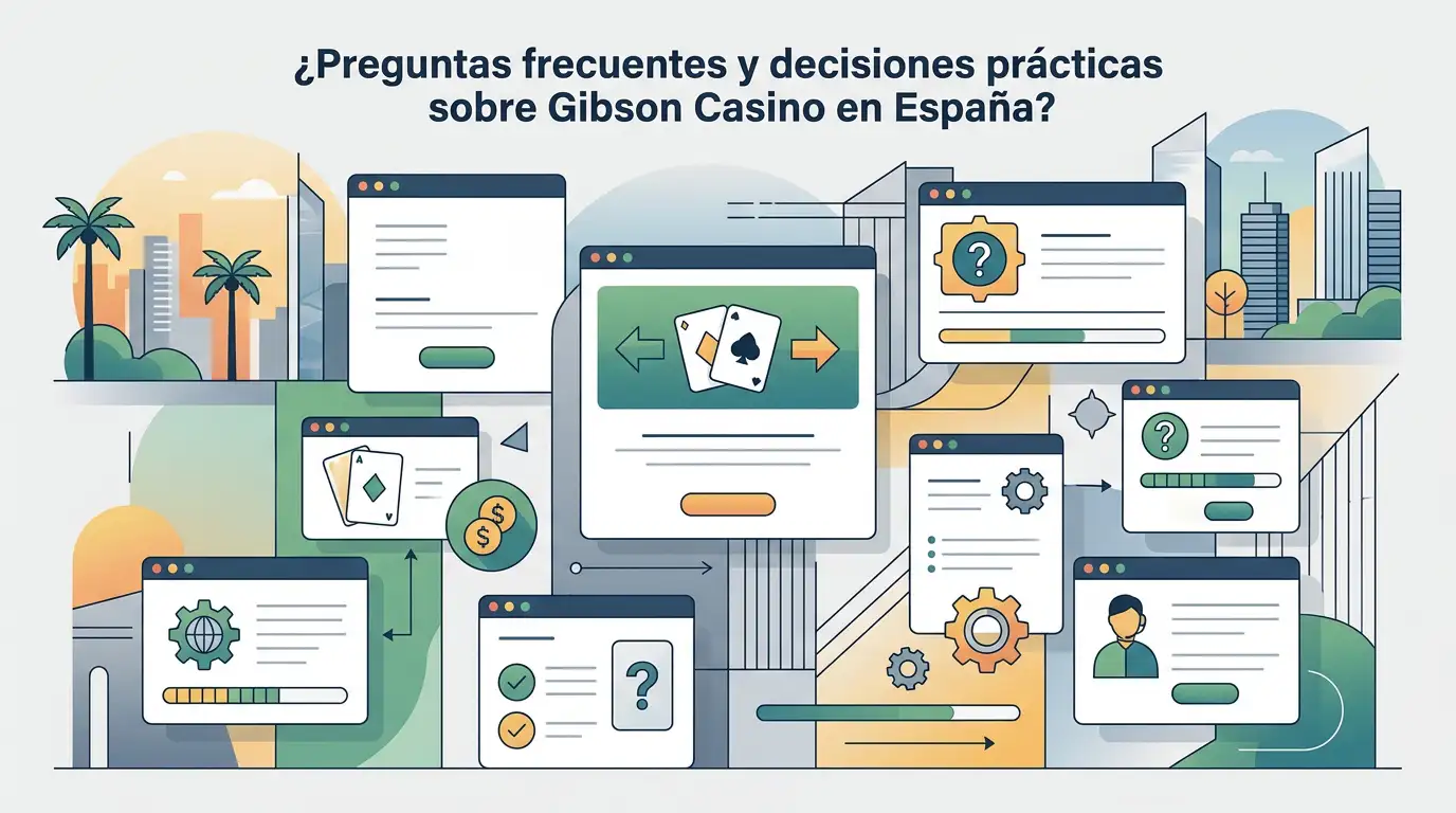 Ilustración editorial de preguntas y decisiones sobre un casino online
